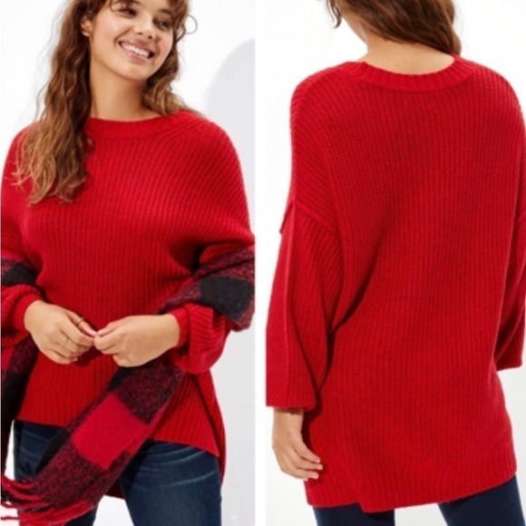 American Eagle Red Oversized Dreamspun Crew Neck Cable Knit Sweater - Picture 1 of 5
